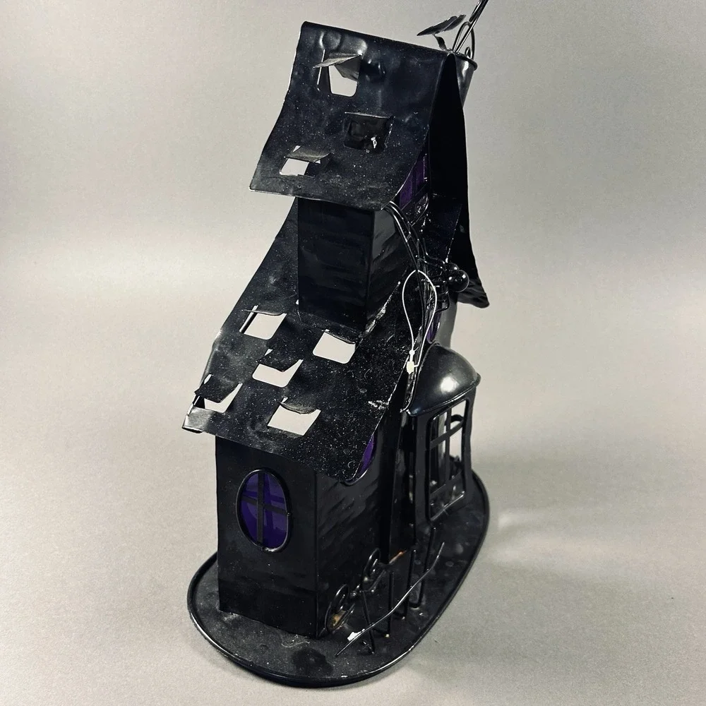Halloween Haunted House Metal Tealight Candle Holder Purple Windows 13